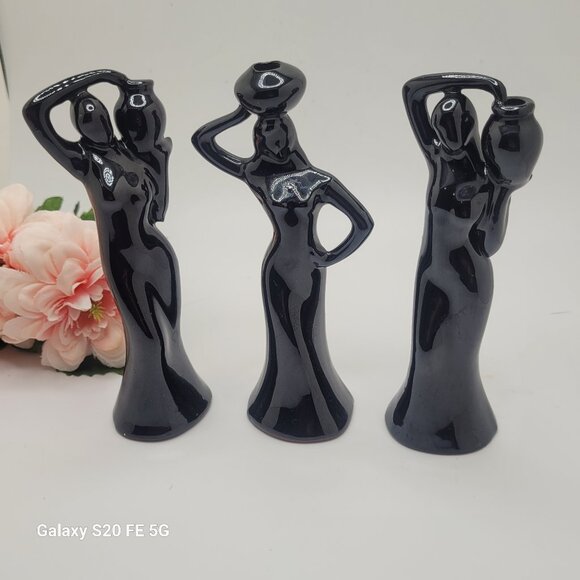 Vintage Black Minimalist Lady Figurines Statue Red Ware Ceramic Art Deco Retro - Picture 1 of 11